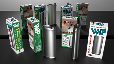 Projeto gráfico em 3D, embalagem garrafa térmica Castelinho.