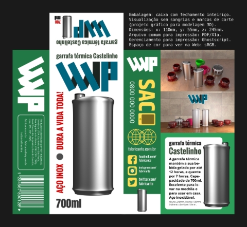 Projeto gráfico em 3D, embalagem garrafa térmica Castelinho.