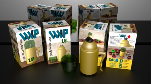 Projeto gráfico em 3D, embalagem garrafa térmica Luxor.