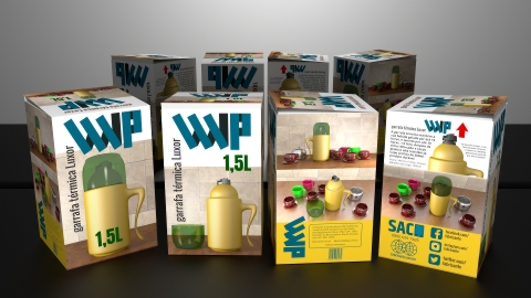 Projeto gráfico em 3D, embalagem garrafa térmica Luxor.