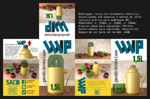 Projeto gráfico em 3D, embalagem garrafa térmica Luxor.