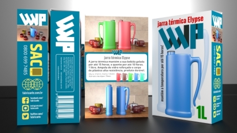 Projeto gráfico em 3D, embalagem garrafa térmica Castelinho.