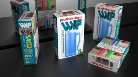 Projeto gráfico em 3D, embalagem jarra térmica Elypse.