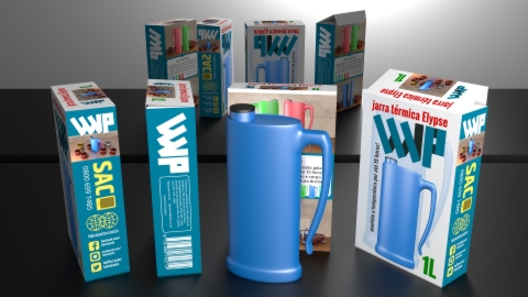 Projeto gráfico em 3D, embalagem jarra térmica Elypse.