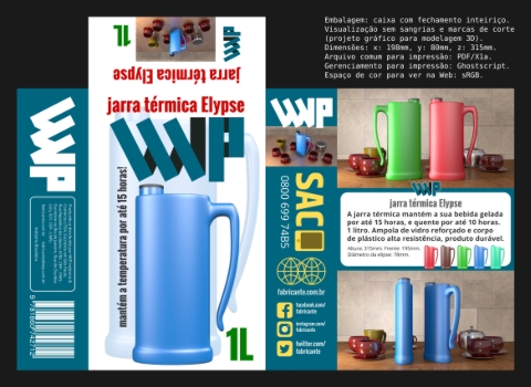 Projeto gráfico em 3D, embalagem jarra térmica Elypse.