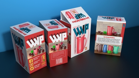 Projeto gráfico em 3D, embalagem garrafa térmica Luxor.