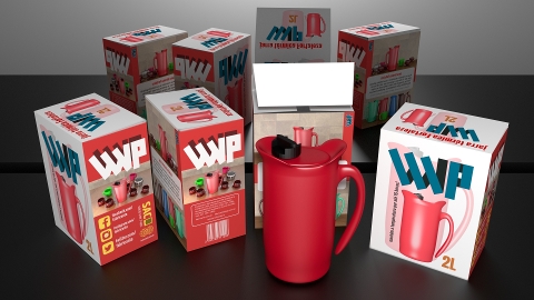 Projeto gráfico em 3D, embalagem garrafa térmica Luxor.